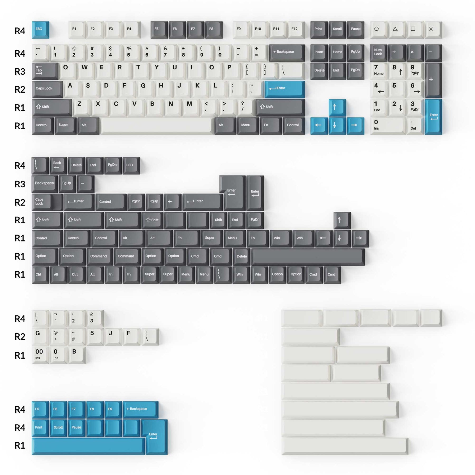 Cherry Profile Double-Shot PBT Full Set Keycaps - Grey, White, and Blue